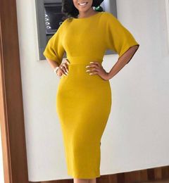 Casual Dresses Yellow Women Bodycon Slim Elegant Office Ladies Work Wear Short Sleeves O Neck Tight Elastic Large Size African Fas8969835