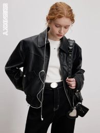 Jackets Womens Vintage Faux Leather Jacket Spring Autumn Lapel Zipper Crop Jackets Streetwear Black Zipper PU Motorcycle Coat Outwear