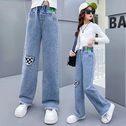 Autumn Girls Jeans For Girl Teenage Elastic High Waist Denim Wide Leg Pants Kids Straight Trousers Children Ripped Jeans 240223