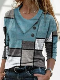 T-shirt Fashion Geometry Print TShirt Women Casual Autumn Button Long Sleeve Tops Chic Circle Decoration Tees 3XL