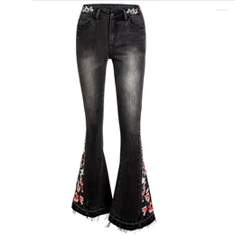 Women's Jeans Stretch Flare Women Embroidery Flower Design Wide Leg Pants Boot Cut Denim Trousers Female Vintage Runway Bell Bottom