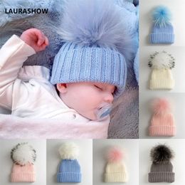 LAURASHOW Kids Winter Fur Pompoms Fur Ball Cap Boys Girls Beanie Fur Knit Child Wool Hat D181106012583