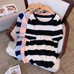 Women's T Shirts 170Kg Large Size Women Bust 160 Summer Loose Short-Sleeved Striped Ice Silk T-Shirt Black Pink 6XL 7XL 8XL 9XL 10XL