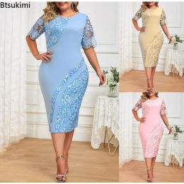 Dress New 2024 Women's Summer Lace Dress Plus Size Short Sleeve Spliced Round Neck Slim Fit Casual Dress Women Elegant Vestidos 5XL