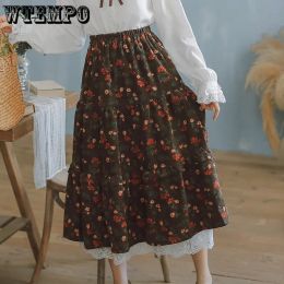 Dresses Wtempo Japanese Girl Midi Skirt High Waist Navy Blue Brown Floral Skirt with Lace Ruffles Women Vintage Elegant Corduroy Skirts