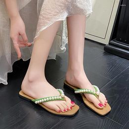 Slippers Beaded Women Flats Shoes Summer Clip Toe Flip Flops 2024 Beach Dress Sandals Brand Slides Zapatillas Femme
