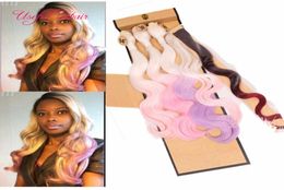 OMBRE BLONDE PINK Colour sew in hair weave 4 bundles with closure hair bundles body wave hair weaves 1022INCH MARLEY weaves 8507554