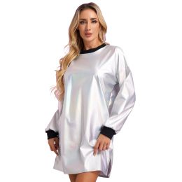 Dress Womens Round Neck Long Sleeve Rib Trims Loose Straight Dress Metallic Shiny TShirt Dress Jazz Dancer And Singer Clothing