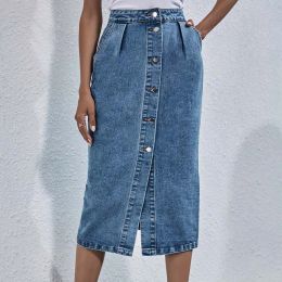 skirt Women Long Denim Slit Skirt Ladies Dark Blue Button Front Split Maxi Jean A Line Skirt With Slit