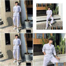 Men'S Pants Loose White Men Jumpsuits Stand Collar Shirt Overalls Pant Streetwear Stage Show Trousers Male Long Sleeve Summer Cotton Dhlws