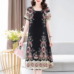 Dress New Fashion 2023 Summer Dress For Long Vintage Loose Women Elegant Short Sleeve Casual Oneck Dresses Print Woman Clothing