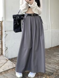 skirt Qiukichonson Grey Midi Long Skirts Womens Suit Skirts 2023 Autumn Winter Goth Lolita High Waist Pleated Skirts Maxi With Belt