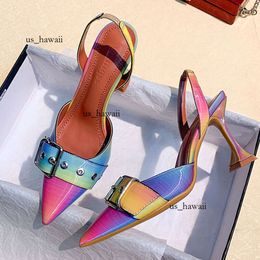 Big Size 35-42 Rainbow Colourful Patent Leather Women Sandals Elegant Pointed Toe Buckle High Heels Wedding Shoes Slingback Pumps