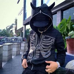 Street Haruku Goth Demon Horned Skull Iron Diamond Personality Zipper Hooded Loose Y2K Unisex Hoodies