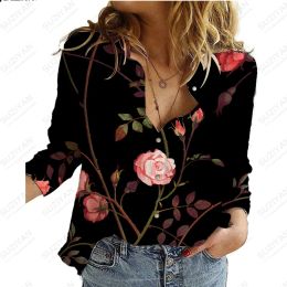 Shirt Hot selling women's long sleeved cardigan with rose pattern 3D printed shirt Street fashion casual loose fitting chiffon shirt