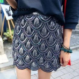 Skirt Vintage shiny Flapper Costume Women Fish Scale Sequin Skirt Bead Embellished High Waist Mini Chiffon Skirt Party Jupe