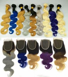 Brazilian Body Wave Human Hair Weaves with Lace Closure Human Hair Weaves Ombre Red Blue Purple 99J Burgundy 1B427 Hair Weft7667046