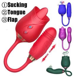 Sex Toy Massager 10 Speed Telescopic Dildo Tongue Licking Nipple Sucker Oral Masturbator Sucking Rose Vibrator Toys for Women Vagi4157379