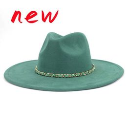 Wide Brim Hats Bucket Hats Fedora hat2022 New Same Colour Chain Big Rim Heart Top 9.5cm Hemline Fashion Top Hat Unisex Suede Jazz Hat J240305