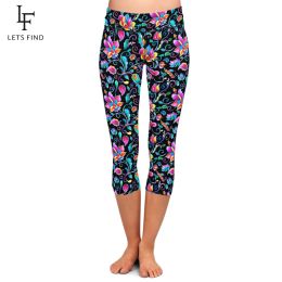 Leggings LETSFIND Summer New Women Black Capri Leggings High Elastic Milk Silk Flowers Print High Waist Fitness Casual MidCalf Leggings