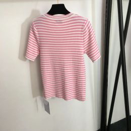 T-shirt FA0121802890 Fashion new casual Customised pink small fragrant button contrast striped shortsleeved knitted top, pink, blue,