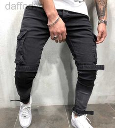 Men's Jeans Skinny Biker Men Multi-pocket Bandage Slim Cargo Joggers trousers for Motorcycle Hip hop Streetwear Swag Denim Pants 240305