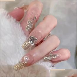 False Nails 10Pc Detachable Artificial Press On Long With Designs Rhinestones French Fake For Drop Delivery Dhxda