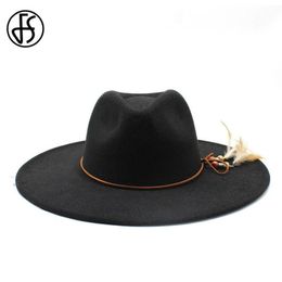 Wide Brim Hats FS British Style Winter 9 5CM Hat Solid Big Wool Black Fedoras Cap Men Women Panama Jazz Sombreros De Hombre185x