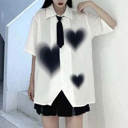 Shirt Gidyq Y2K Women Love Print Shirts Female Chiffon All Match Loose Short Sleeve Tops Fashion Casual Korean White Blouse Summer New