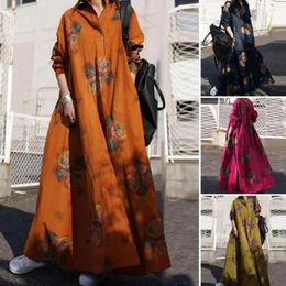 Casual Dresses Ethnic Fashion Floral Print Style Maxi Dress For Women With Turn-down Collar Long Sleeves Plus Size A-line Ankle Length