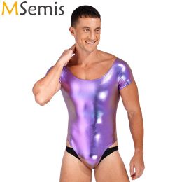 Swimwear Mens Gymnastic Swimsuit for Dancing Shiny Patent Leather Bodysuit Costume Short Sleeve Onepiece Leotard Dancewear Swimwear