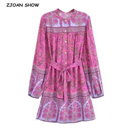 Dress 2024 BOHO Rose pink Flower Print Full Sleeve Mini Dress Hippie Women Tie Bow Sashes Waist Loose Shirt Robe Holiday Vestidos