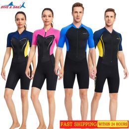 Swimwear New men and women couple wetsuit onepiece sun protection swimsuit short sleeve shorts 1.5mm snorkeling surf warm diving suit