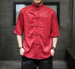 Men039s Casual Shirts Men Chinese Traditional Mens Dragon Shirt Top Short Sleeve Elegant Tang Jacquard Gentleman ShirtMen0391365456