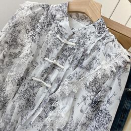 Women's Blouses Retro Ink Disc Button Lace Patchwork Long Sleeved Shirt Blouse For 2024 Autumn Standing Collar Flare Sleeves Chiffon Top