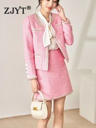 ZJYT Luxury Beading Tweed Woollen Jacket and Skirt Suit Women Elegant Autumn Winter Office Dress Set 2 Piece Outfits for Party 240223