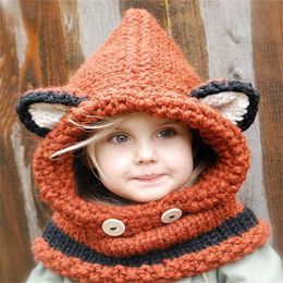 Fox design winter beanies windproof hats and scarf set for kids children crochet headgear soft warm hats 3 design 297z