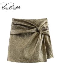 Shorts BlingBlingee Y2K Shiny Metallic Women Shorts Skirts Traf 2024 Spring Knot Front Asymmetric Zipper High Waist Female Short Pants