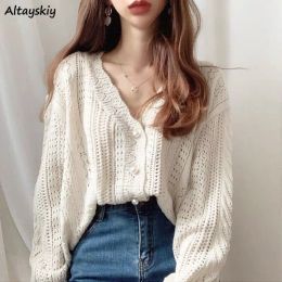 Cardigans Cardigan Women Elegant Spring Hollow Out Chic Long Sleeve Loose Vneck Feminine Tender Green White Street Outerwear Cosy New Ins