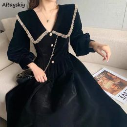 Dress Long Sleeve Dress Women Velour Casual Elegant Buttons Aline Tunic French Style Retro Classy Ladies Loose High Waist Dresses