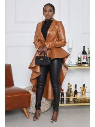 Jackets Faux Leather PU Coat for Women Long Trench Ruffle Pleated Hem Asymmetrical Casual High Street Vintage Solid Winter Outerwear