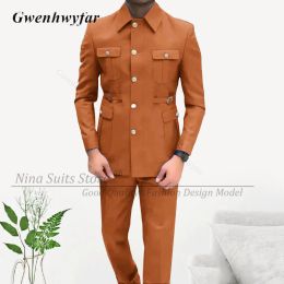 Suits G&N Africa Style Men Suits Orange Red Gold Button Square Collar TailorMade Formal Casual Business Official Wear Costume Homme