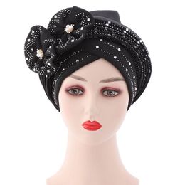 Beanie Skull Caps HanXi Luxury Rhinestone Pearl African Hat Beanie Women Flower Auto Gele Headtie Lady Nigerian Turban Muslim Cap2106