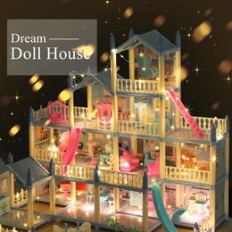 Doll House 3d Assembly Diy Miniature Model Childrens Crossing House Villa Princess Castle Led Light Girl Birthday Gift Toy Hous 240301