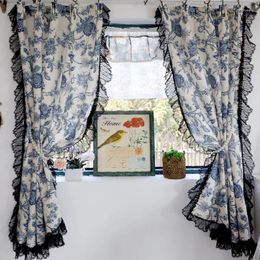 Curtain Retro Romance Blue White Curtains With Black Lace Cotton Linen Window Drapes In Living Room Custom Size For Decor