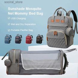 Diaper Bags Folding Mommy Bag Large Capcity Baby Backpack for baby 2 in 1 Mummy Bag Crib With Mosquito Net Travel Shoulder Luggage BagL240305
