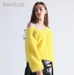 BAHTLEE Winter Women039s Angora Rabbit Jumper Sweater VNeck Lantern Sleeve Mink Cashmere Knitted Pullovers Keep Warm Thick Loo1941064