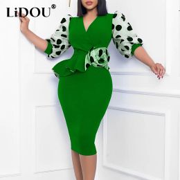 Dresses Autumn Winter New Polka Dot Printed Plus Size Dress Women Three Quarter Sleeve Bag Hip Lady Pencil Skirt Sexy Fashion Robe Femme