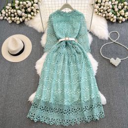 Dress Young Gee Luxury Temperament Lace Dress Summer Slim Waist Crochet Floral Celebrity Round Neck Half Sleeve Midi Dresses vestidos