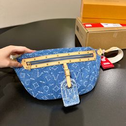 Womens Designer Old Flower Denim Blue Chest Waist Bum Bags Nylon Adjustable Strap Crossbody Shoulder Phone Holder Coin Purse Large Capacity Sport Handbags 40x21CM